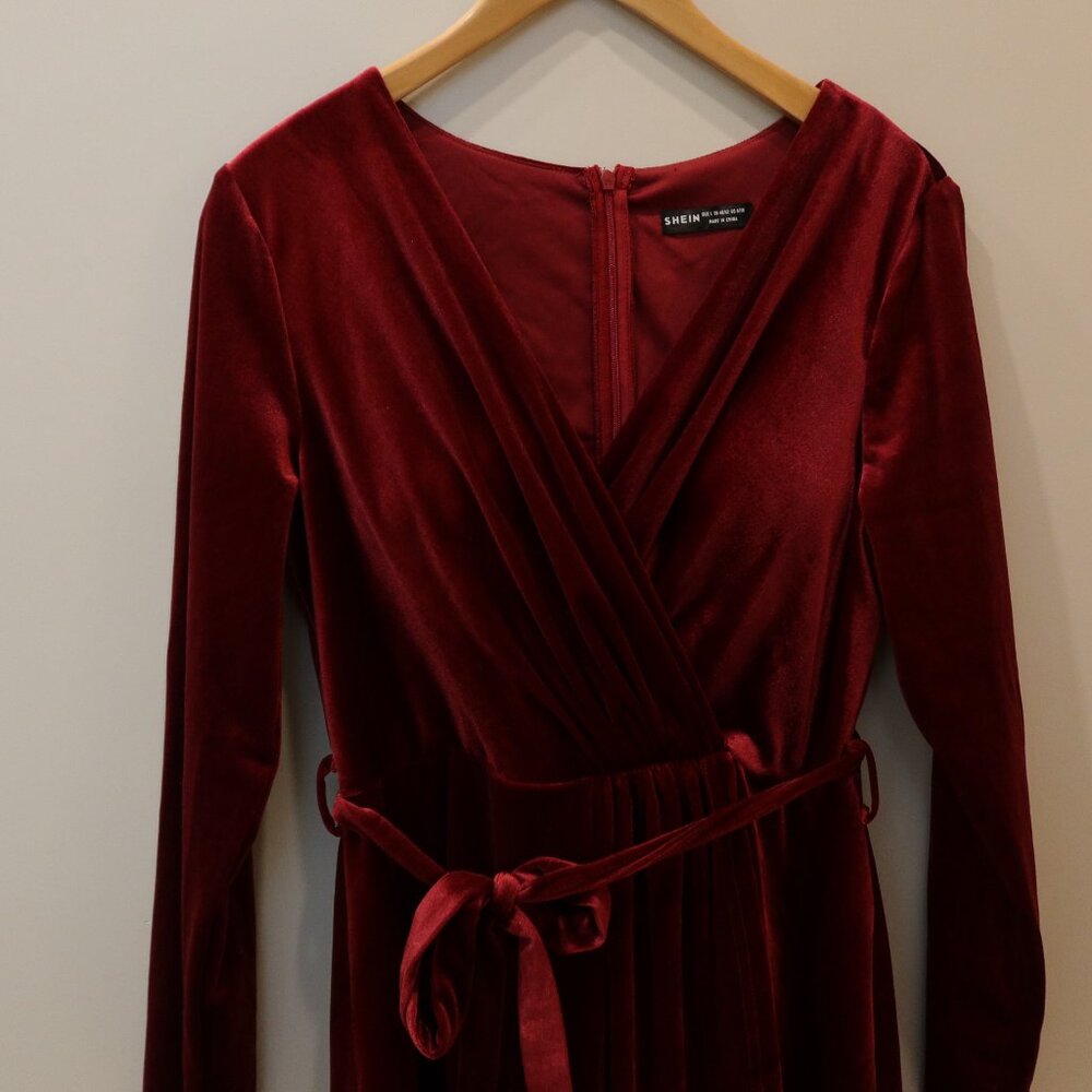 SHEIN red velvet velour maxi dress wrap asymmetric belted L holiday party event - Picture 3 of 12